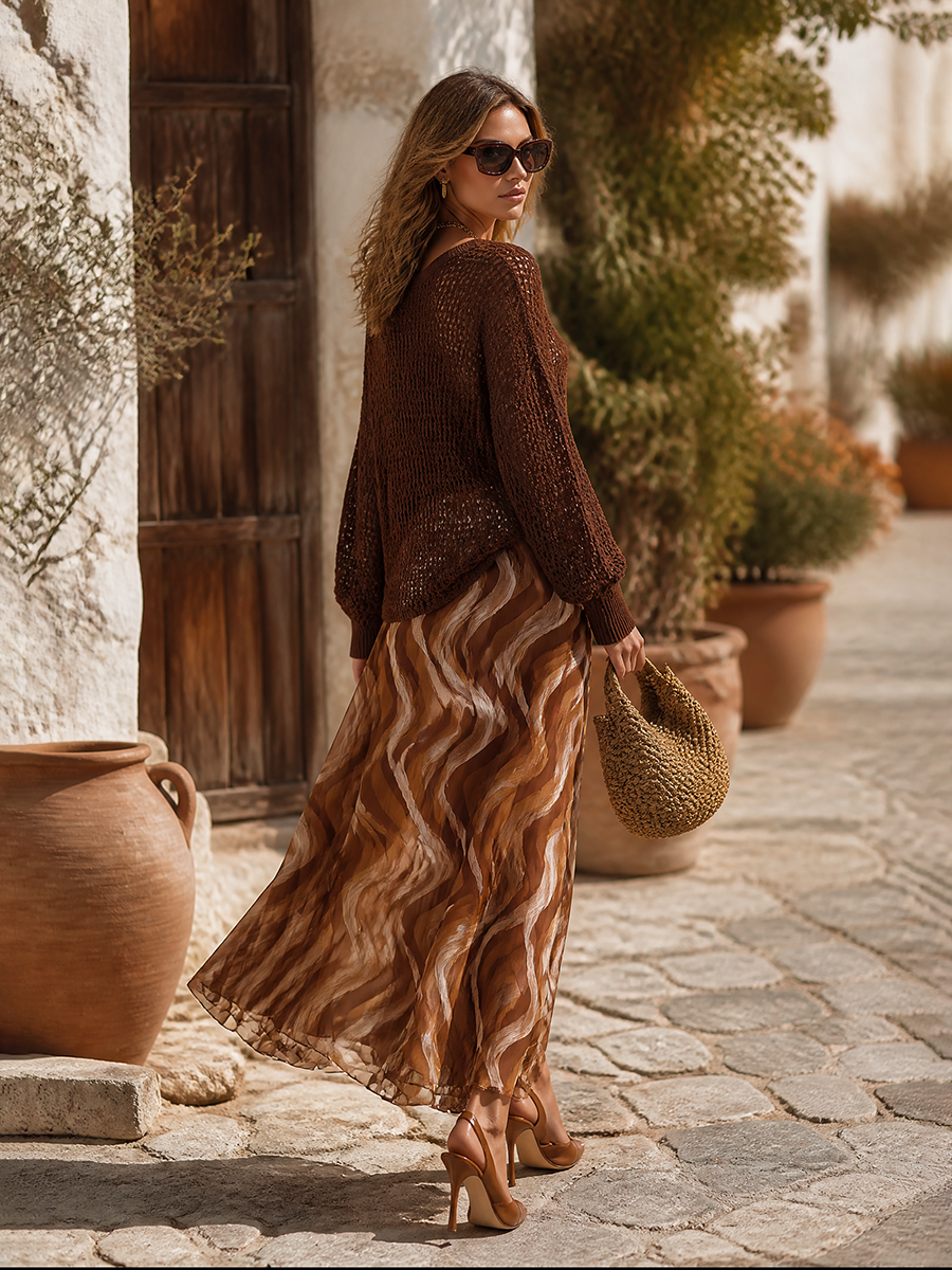 Santorini Mocha Open-Knit V-Neck Sweater And Flowing Marble-Print Maxi Skirt Set