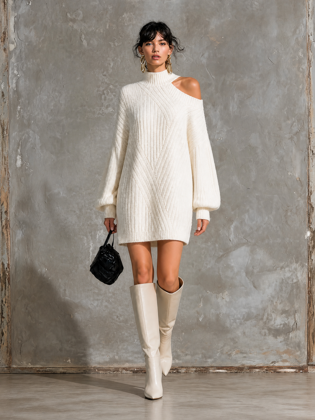Chic Elegant White Turtleneck Cold Shoulder Long Sleeve Loose-Fit Knit Mini Dress