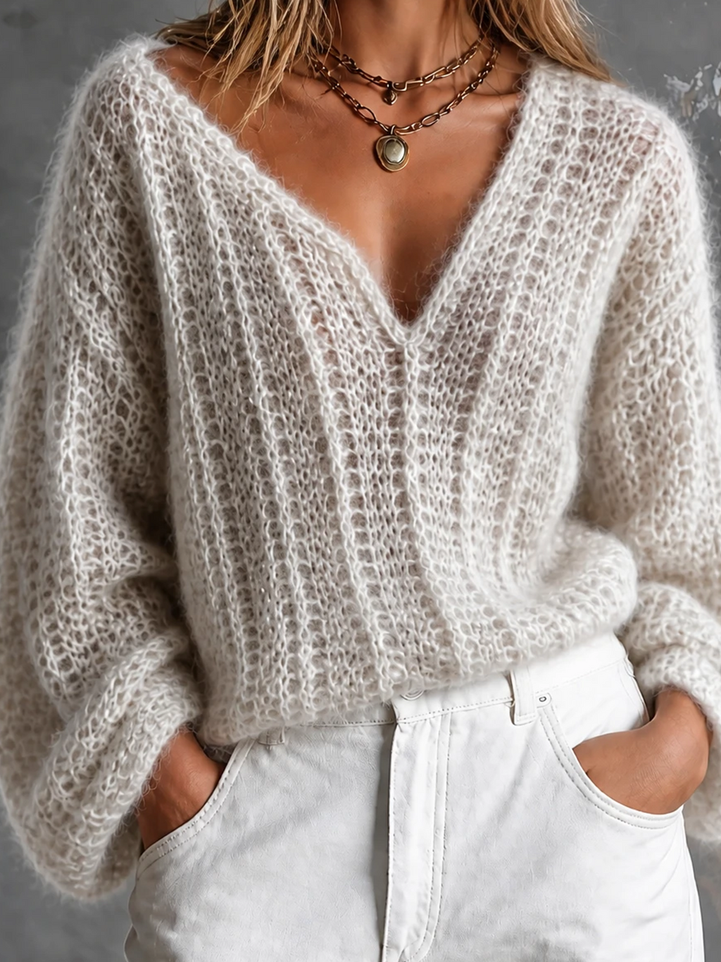 Chic Casual Off White V-Neck Long Sleeve Loose-Fit Open Sheer Fuzzy Knit Sweater Top