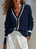 Retro Casual Color-blocked Striped Knit Cardigan