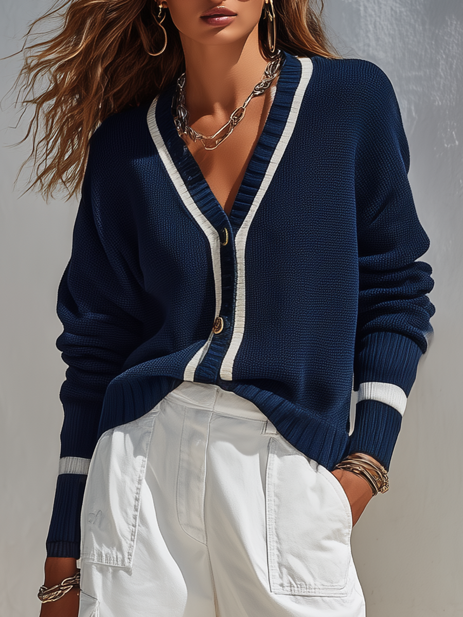 Retro Casual Color-blocked Striped Knit Cardigan