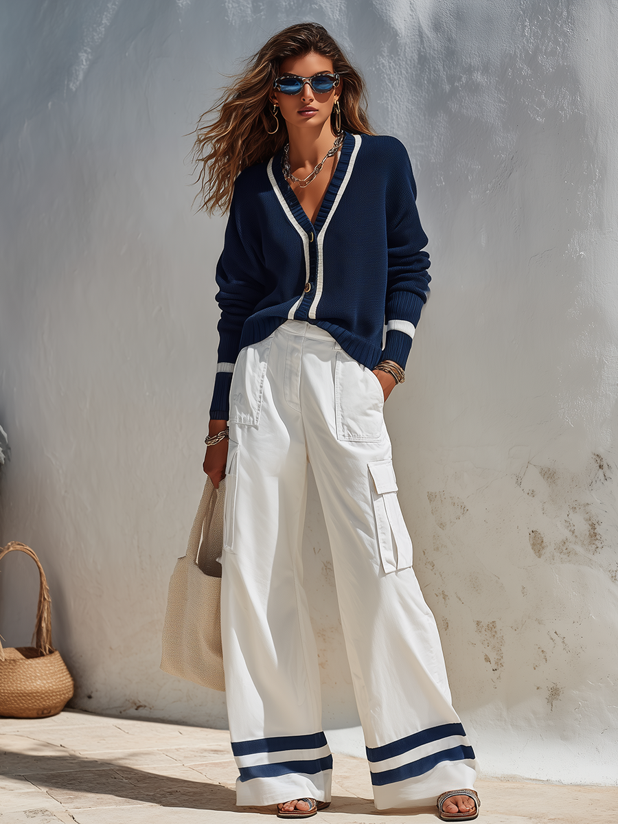 Retro Casual Color-blocked Striped Knit Cardigan