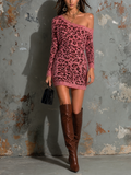 Chic Elegant Pink Off The Shoulder Leopard Jacquard Long Sleeve Slim-Fit Knit Mini Dress