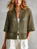 Chic Olive Green Baseball Collar Sequins Double-Ended Zip Half Sleeve Loose Mesh Knit Cardigan Top