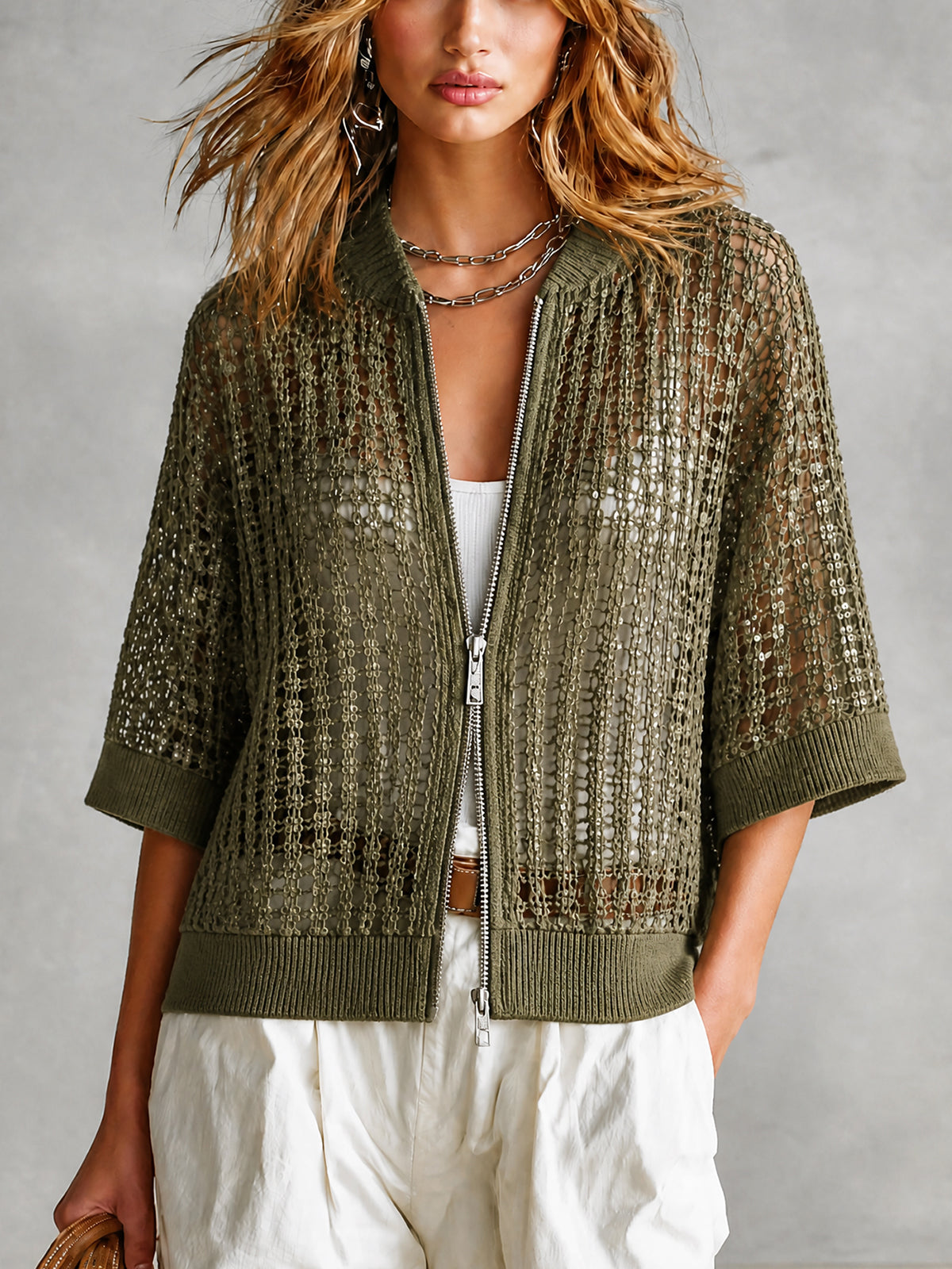 Chic Olive Green Baseball Collar Sequins Double-Ended Zip Half Sleeve Loose Mesh Knit Cardigan Top