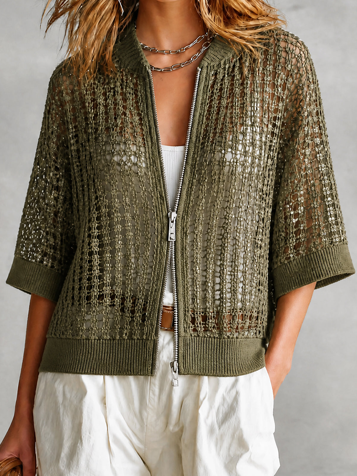 Chic Olive Green Baseball Collar Sequins Double-Ended Zip Half Sleeve Loose Mesh Knit Cardigan Top