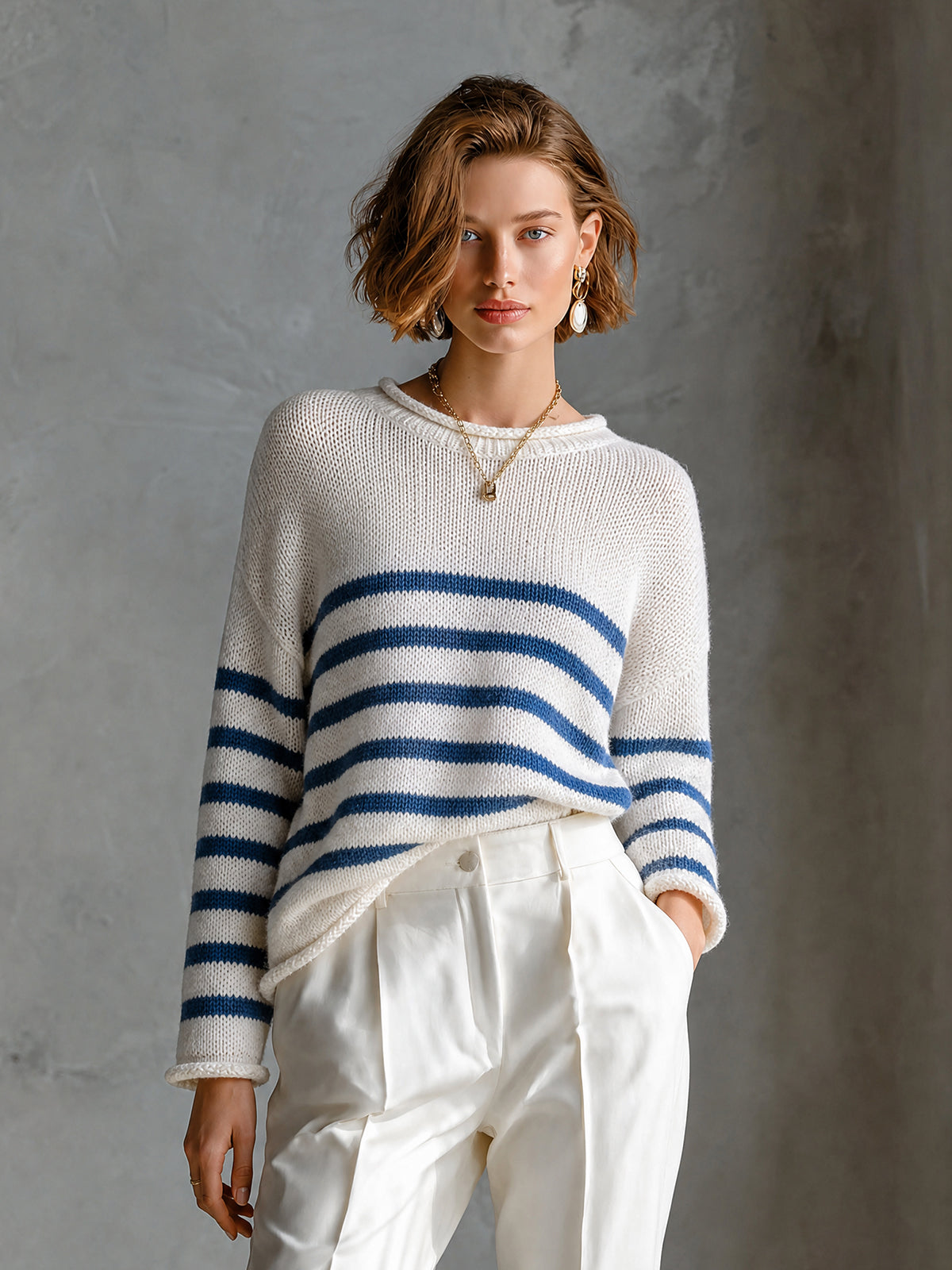Chic Sailorcore Cream-Navy Colorblock Stripes Round Neck Long Sleeve Loose-Fit Knit Sweater Top