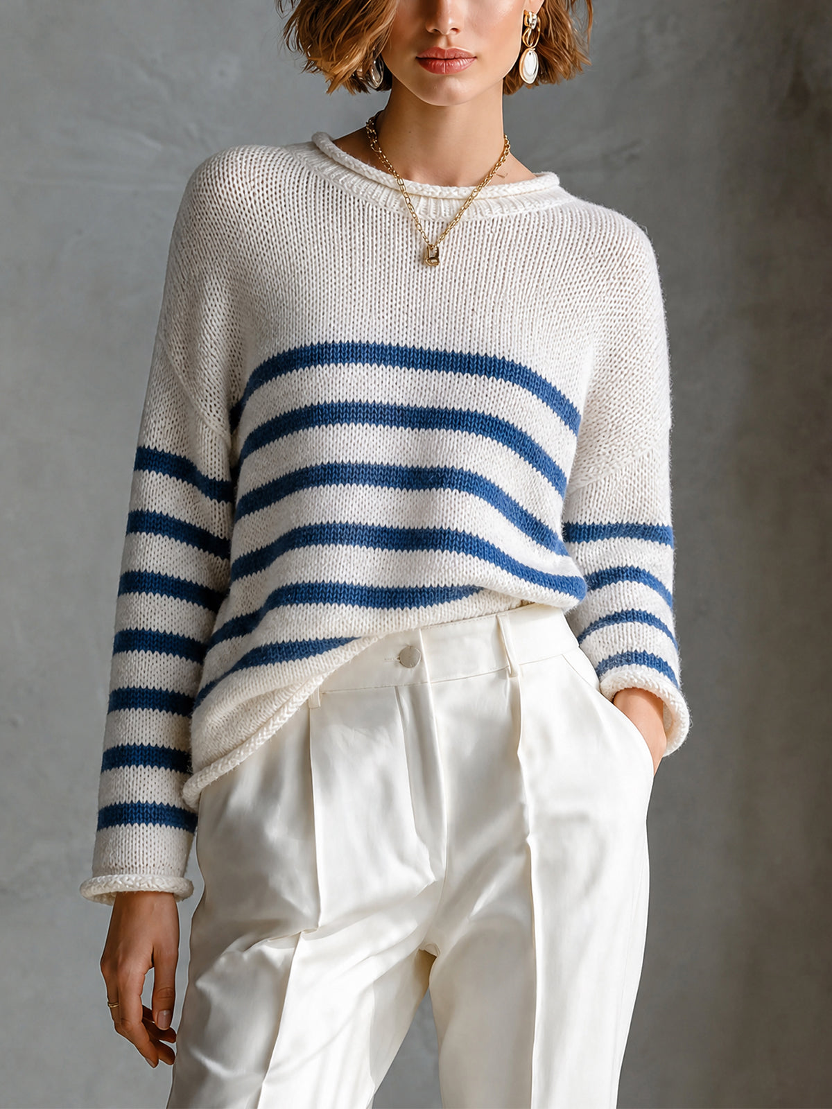 Chic Sailorcore Cream-Navy Colorblock Stripes Round Neck Long Sleeve Loose-Fit Knit Sweater Top