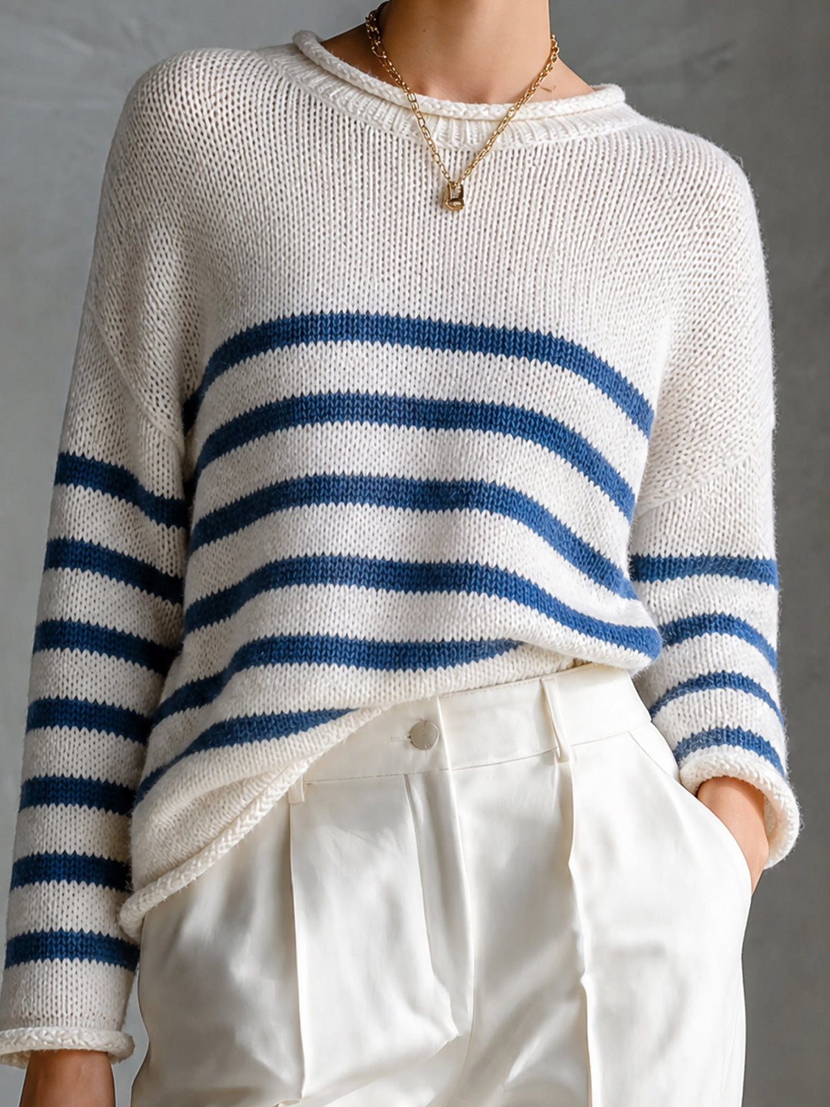 Chic Sailorcore Cream-Navy Colorblock Stripes Round Neck Long Sleeve Loose-Fit Knit Sweater Top