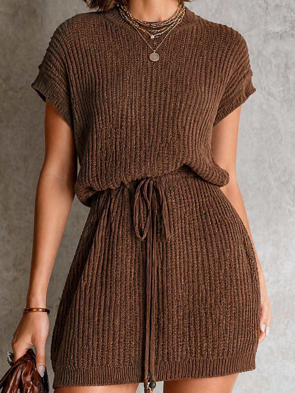 Chic Brown Turtleneck Short Sleeve Drawstring Waist Straight Skrit Loose-Fit Knit Mini Dress