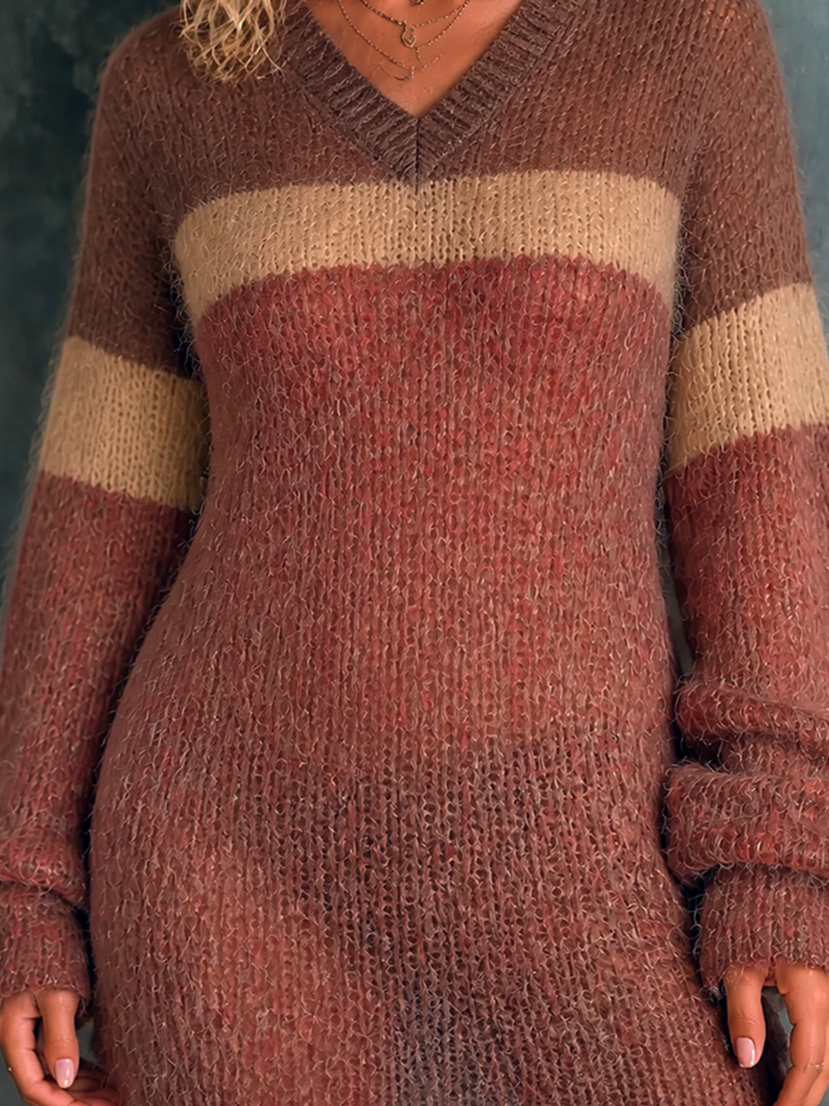 Chic Casual Rust Red-Brown Colorblock V Neck Long Sleeve Loose-Fit Knit Mini Dress