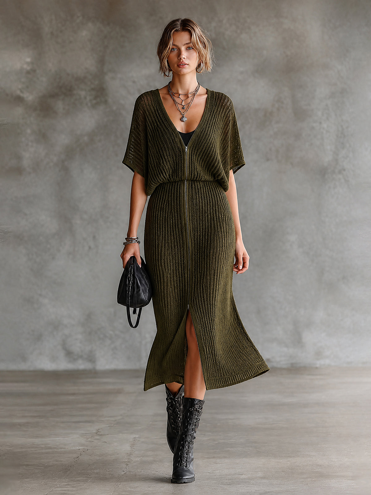 Chic Olive Green V-Neck Bawting Short Sleeve Double Zip A-Line Skirt Knit Midi Dress