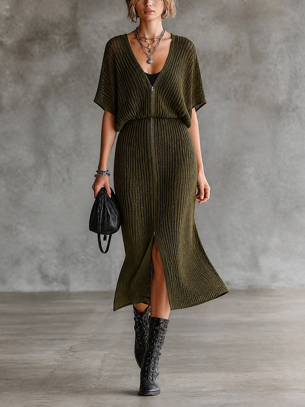 Chic Olive Green V-Neck Bawting Short Sleeve Double Zip A-Line Skirt Knit Midi Dress