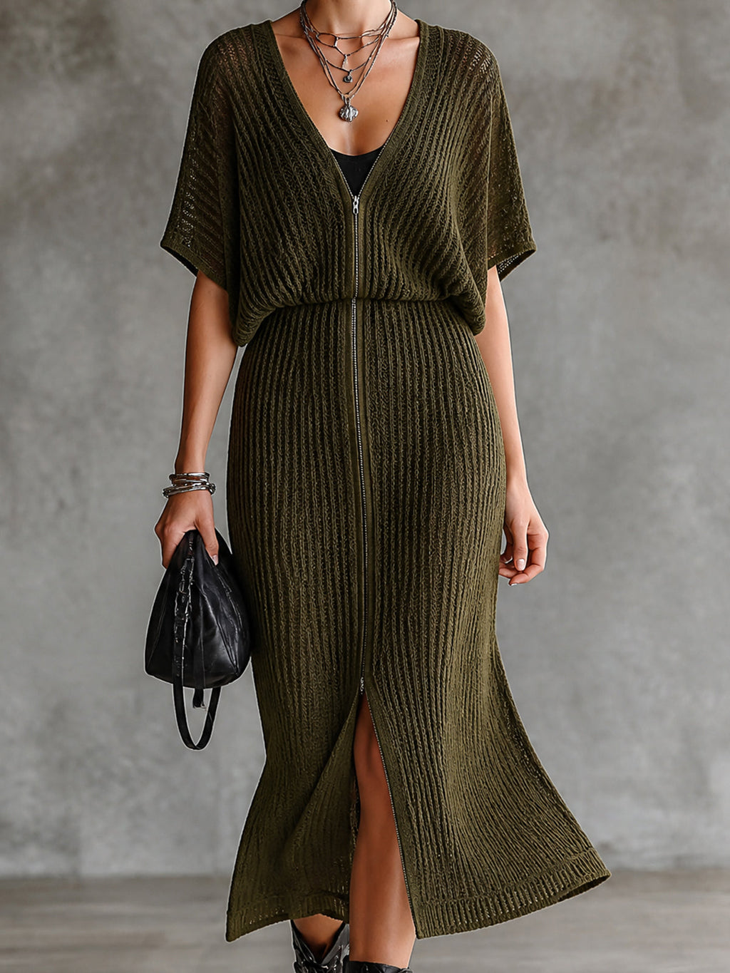 Chic Olive Green V-Neck Bawting Short Sleeve Double Zip A-Line Skirt Knit Midi Dress