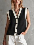 Chic Black-Cream Colorblock V-Neck Single-Breasted Loose-Fit Knit Vest Top