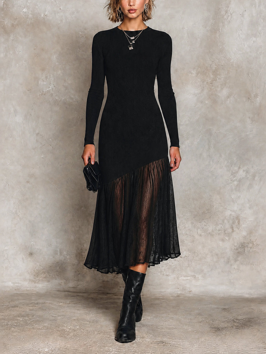 Chic Black Round Neck Long Sleeve Asymmetrical Splic Hem Pleated Skirt Slim-Fit Knit Midi Dress