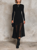 Chic Black Round Neck Long Sleeve Asymmetrical Splic Hem Pleated Skirt Slim-Fit Knit Midi Dress