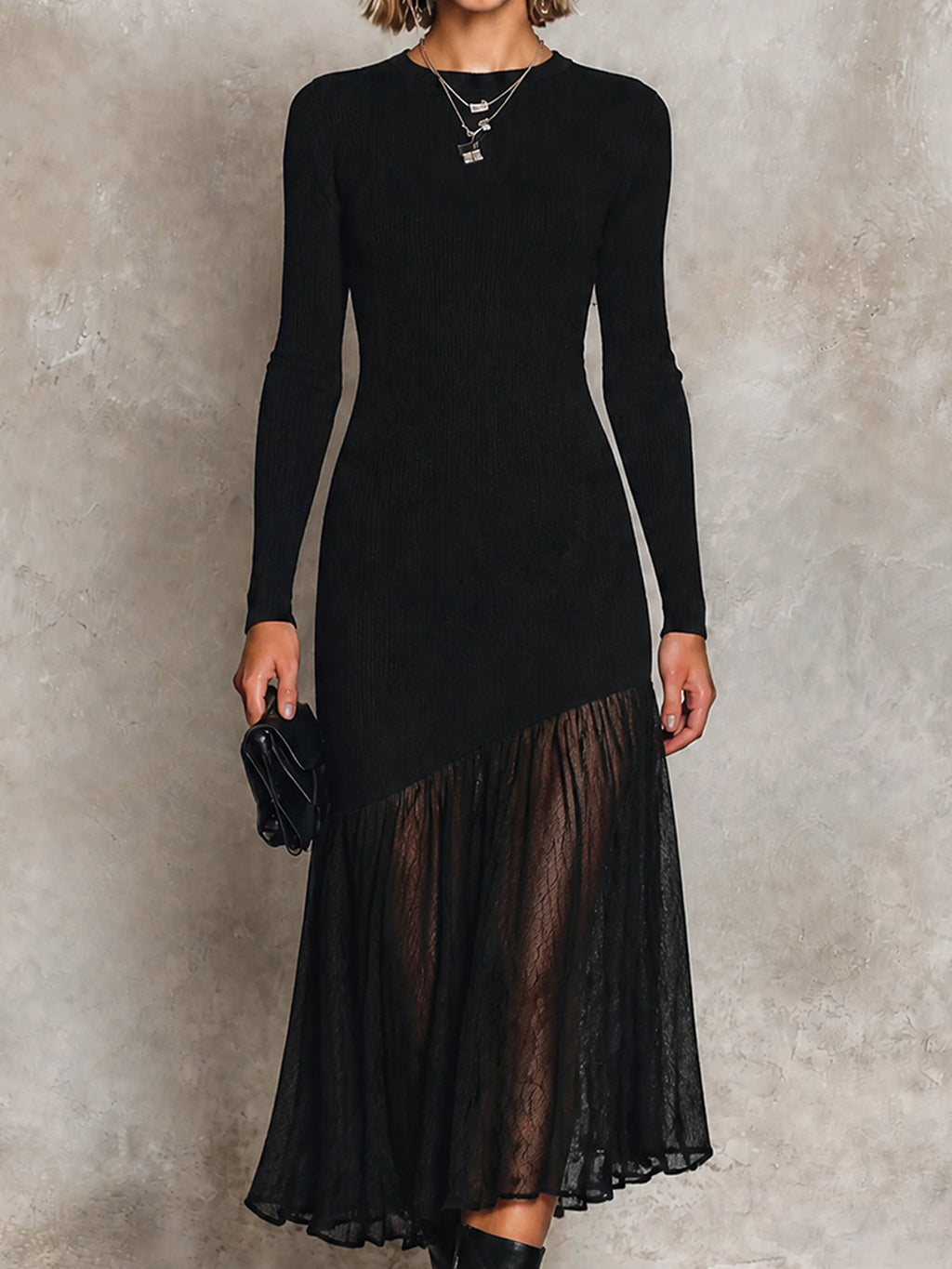 Chic Black Round Neck Long Sleeve Asymmetrical Splic Hem Pleated Skirt Slim-Fit Knit Midi Dress