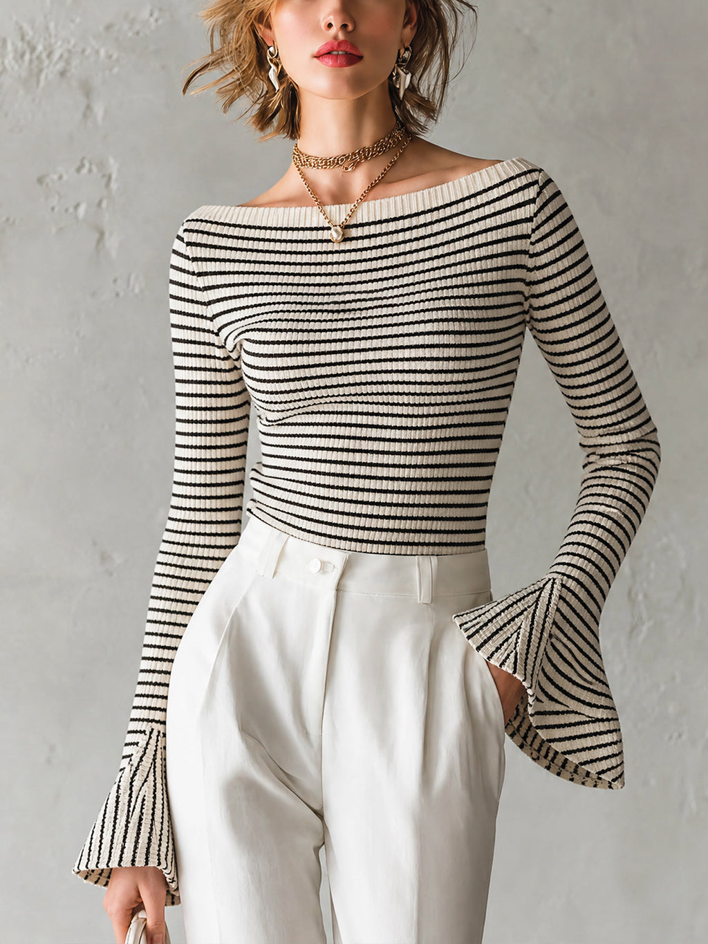 Chic Elegant White-Black Stripe Off-Shoulder Long Sleeve Flared Cuff Slim-Fit Rib Knit Sweater Top