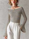 Chic Elegant White-Black Stripe Off-Shoulder Long Sleeve Flared Cuff Slim-Fit Rib Knit Sweater Top