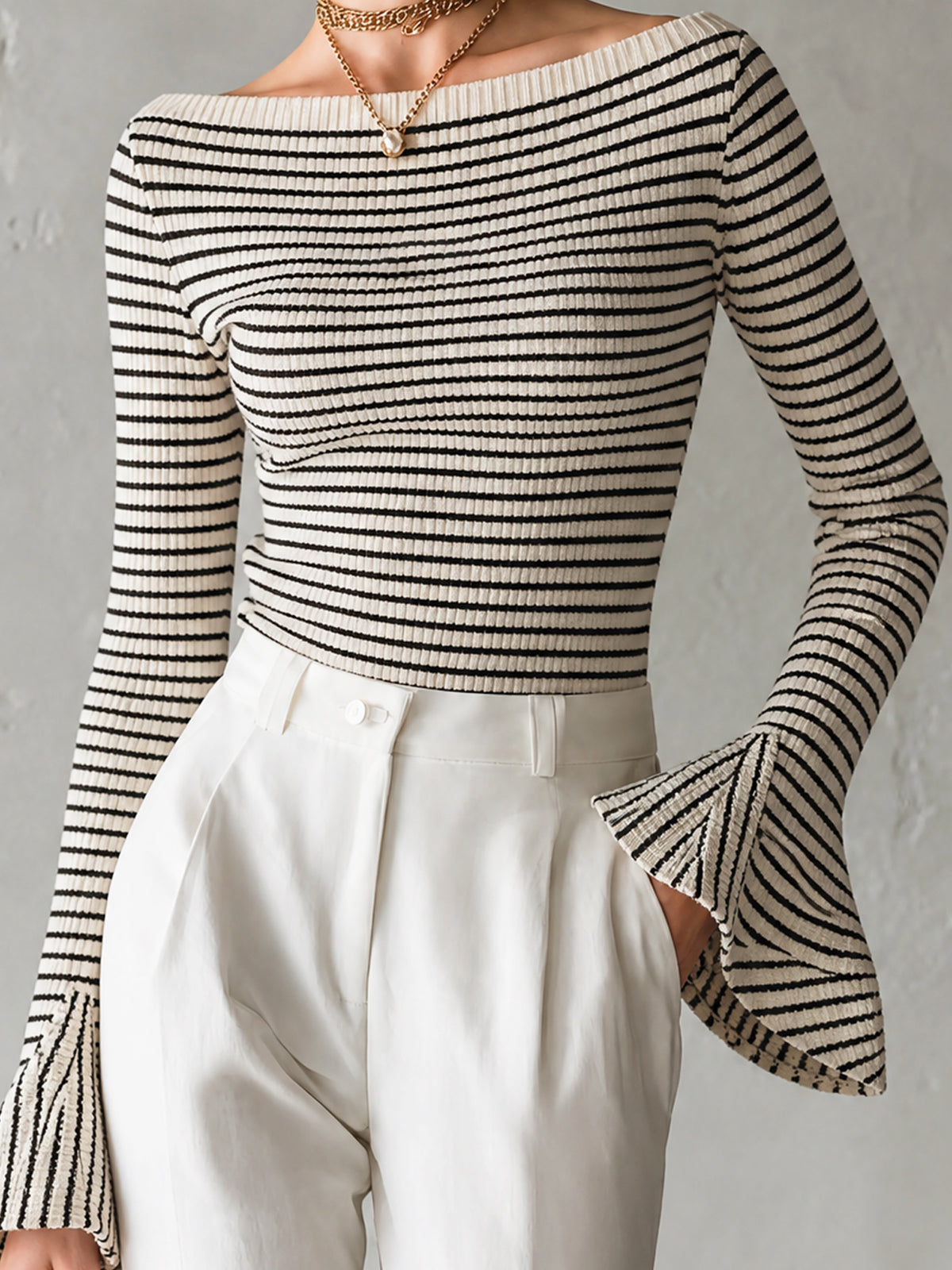 Chic Elegant White-Black Stripe Off-Shoulder Long Sleeve Flared Cuff Slim-Fit Rib Knit Sweater Top