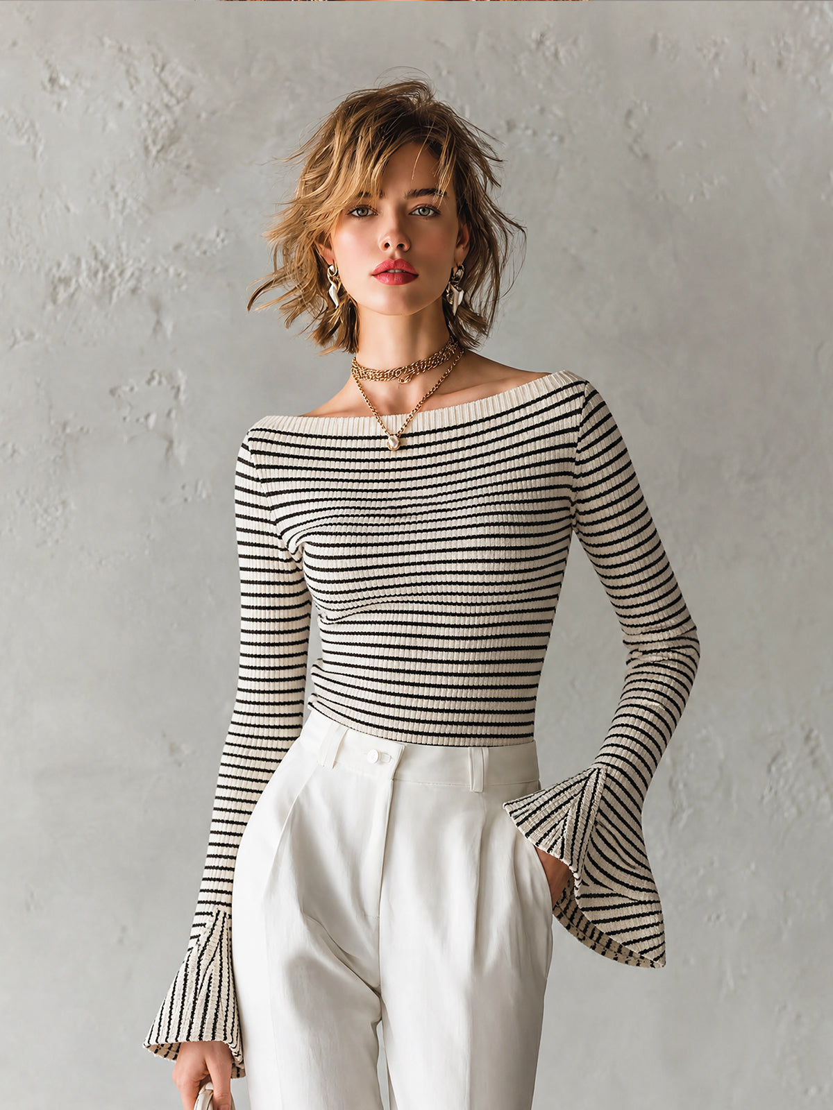 Chic Elegant White-Black Stripe Off-Shoulder Long Sleeve Flared Cuff Slim-Fit Rib Knit Sweater Top