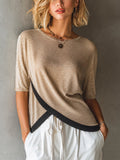 Chic Oat-Black Colorblock Round Neck Half Sleeve Asymmetric Cross Hem Loose-Fit Fine Knit Sweater Top