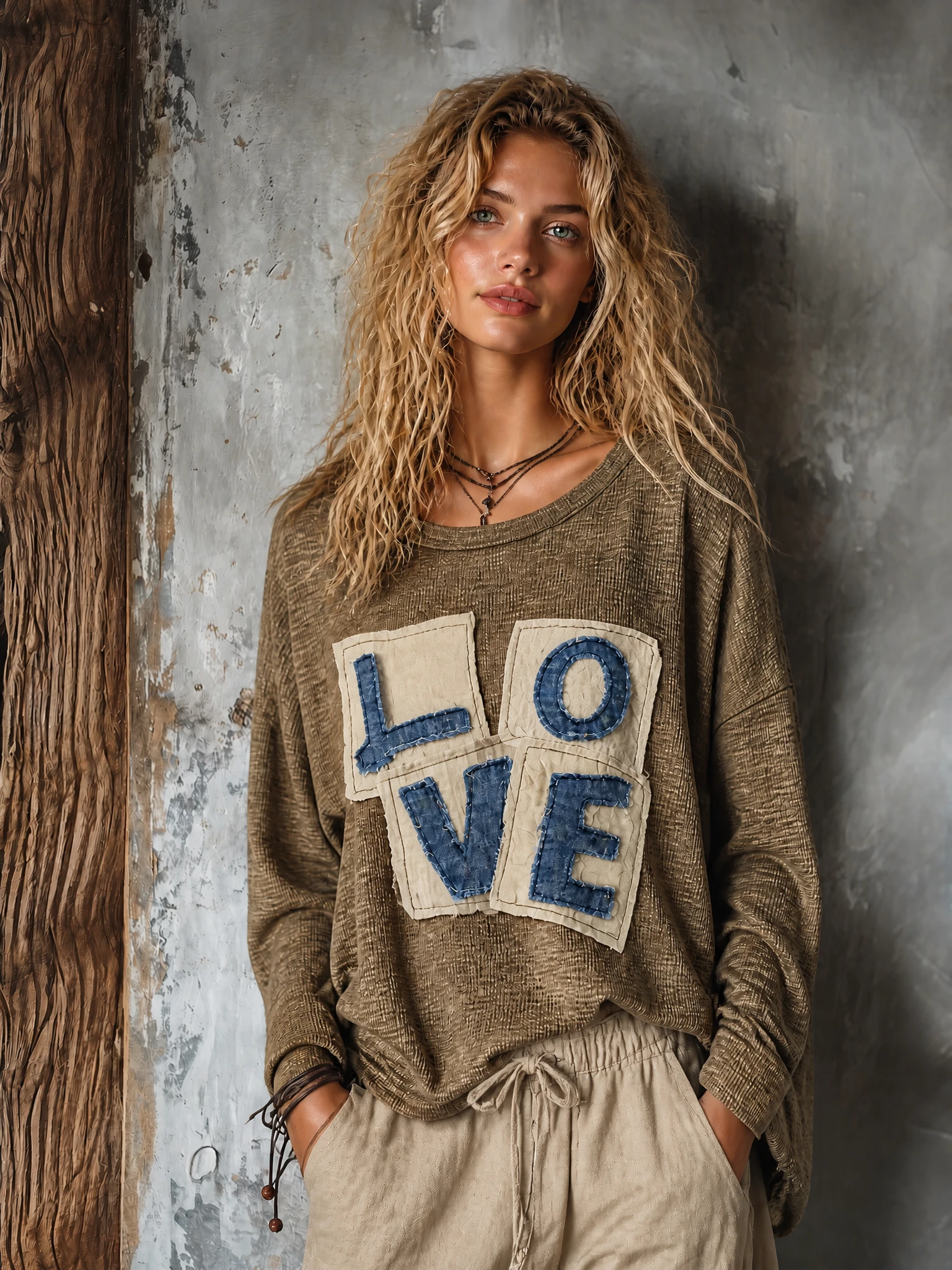Chic Casual Olive Brown Round Neck Letter Applique Long Sleeve Loose-Fit Ribbed Knit Sweater Top