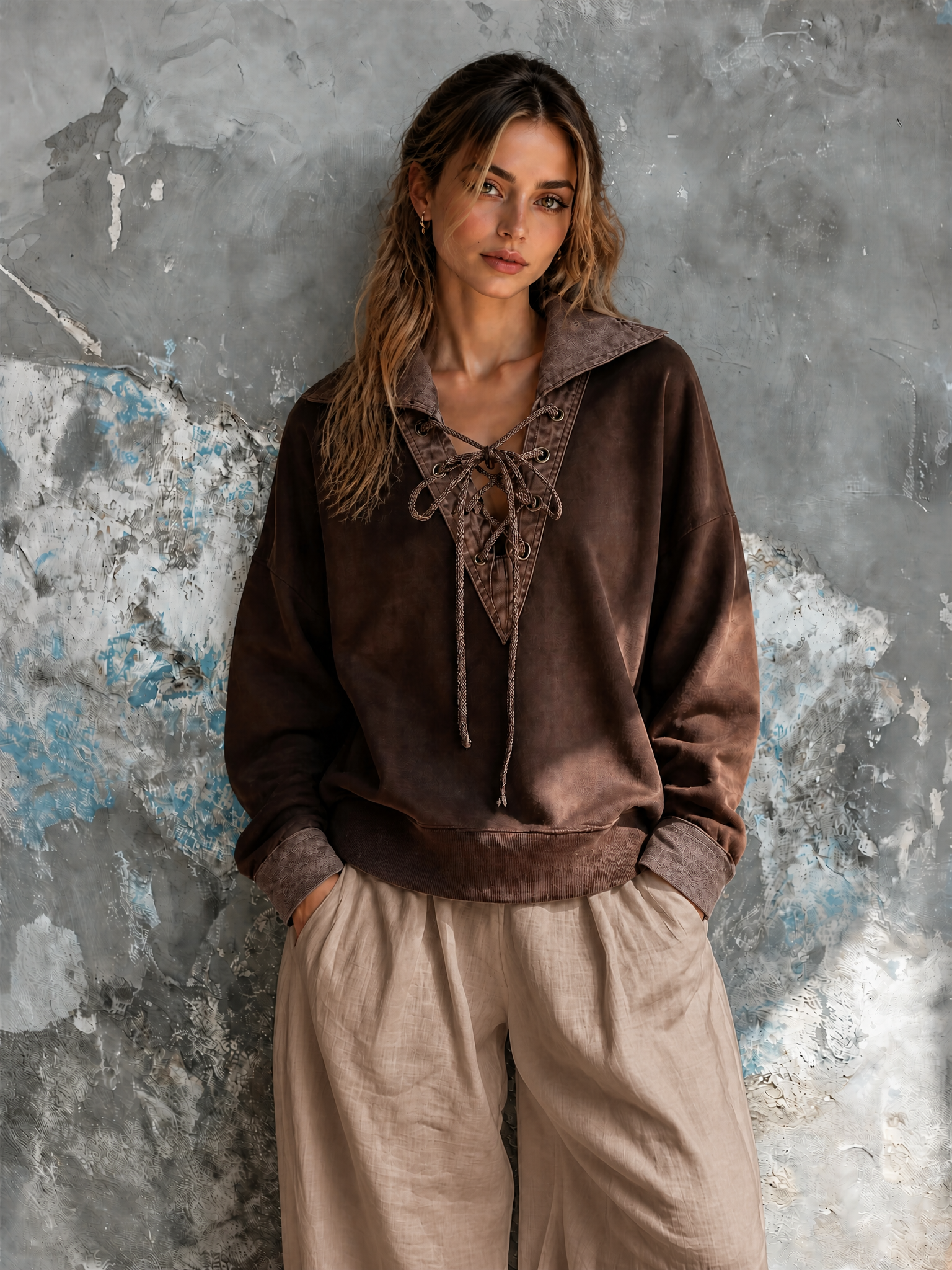 Chic Casual Brown Lapel Collar Eyelet Lace-Up V Neck Long Sleeve Loose-Fit French Terry Sweatshirt