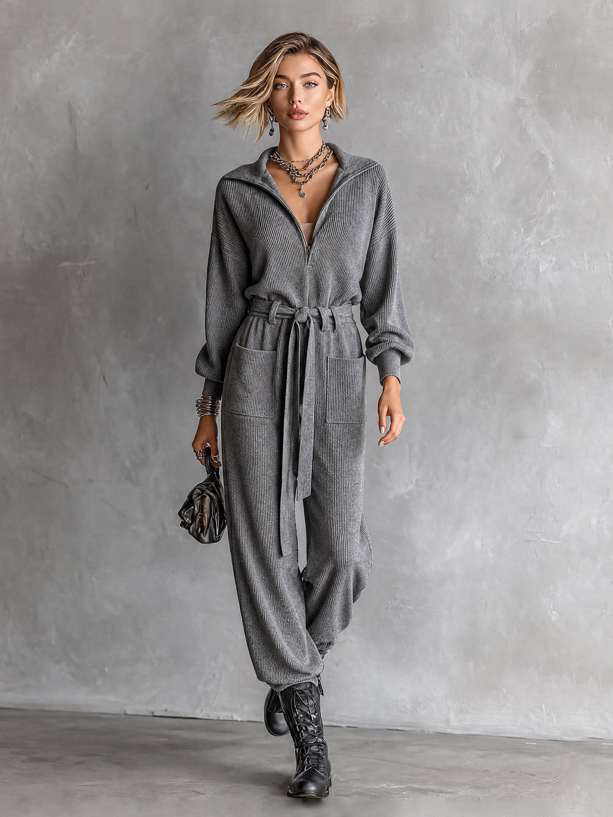 Chic Casual Grey Half-Zip Lapel Collar Long Sleeve Self Tie Belt Pocket Detail Loose-Fit Rib Knit Jumpsui