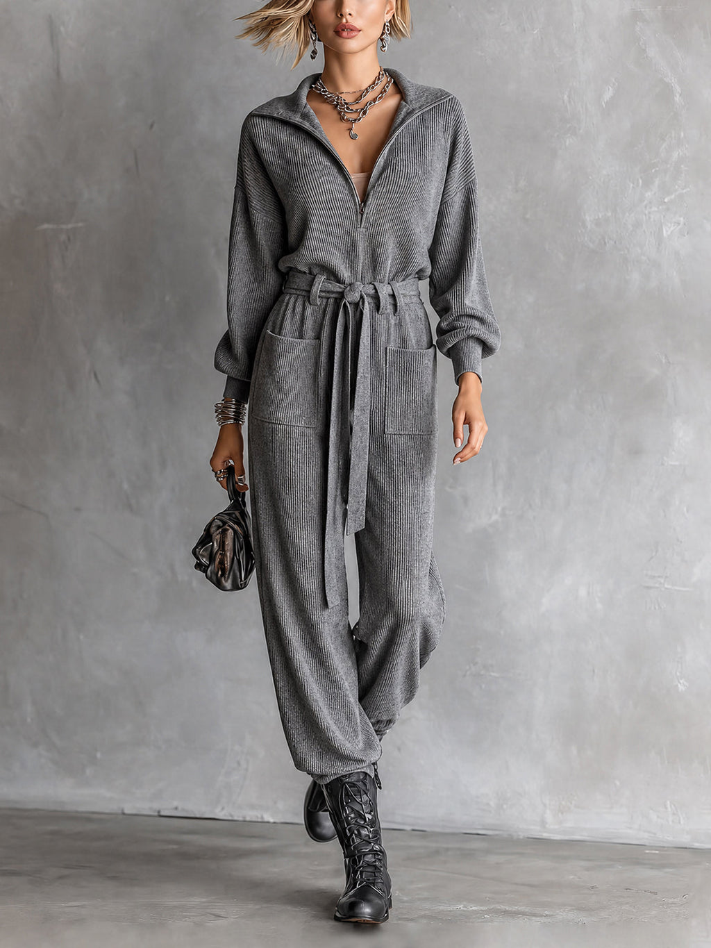 Chic Casual Grey Half-Zip Lapel Collar Long Sleeve Self Tie Belt Pocket Detail Loose-Fit Rib Knit Jumpsui
