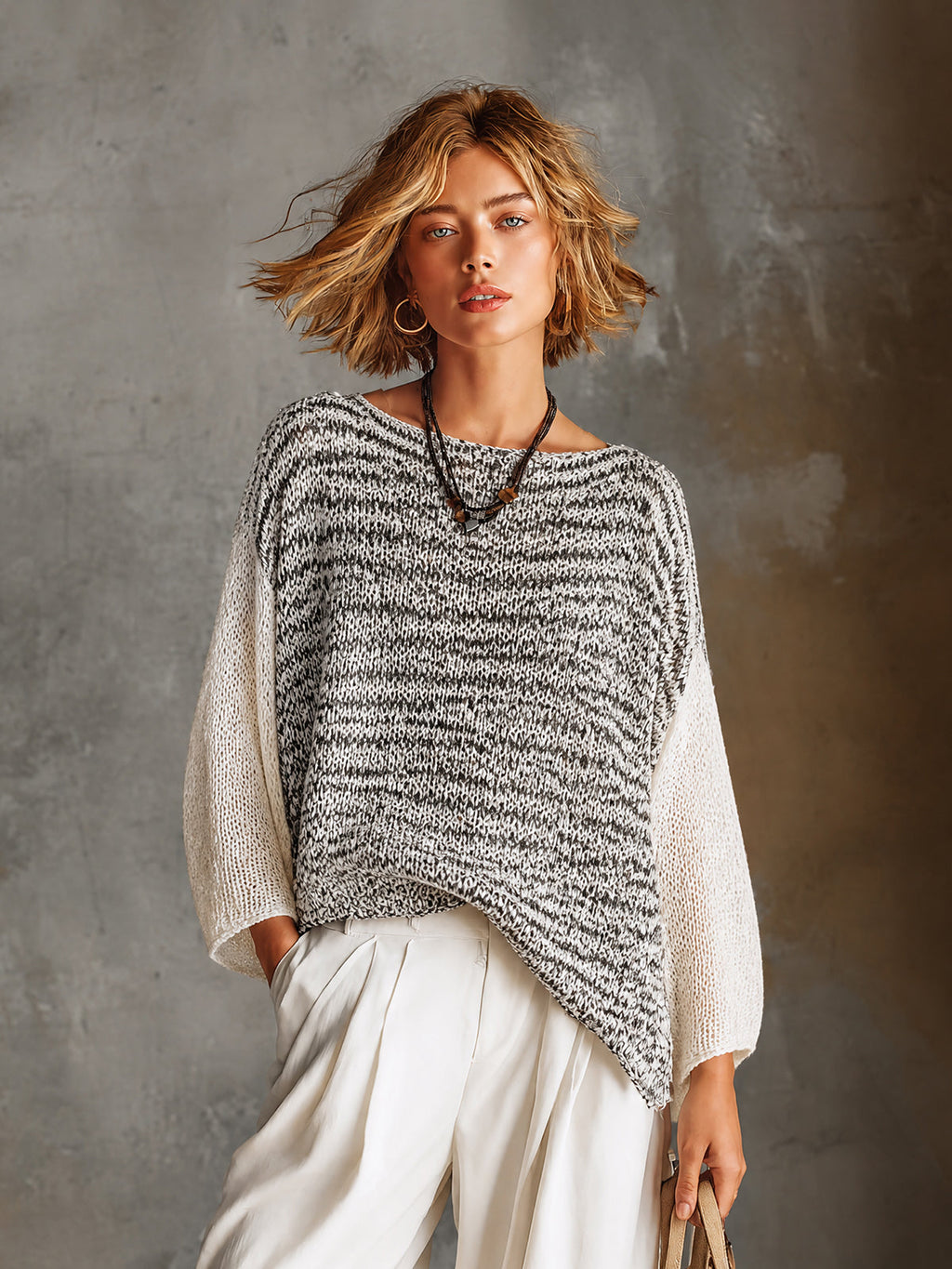 Chic White-Black Marled Boat Neck Three-Quarter Sleeve Irregular Hem Loose Knit Sweater Top