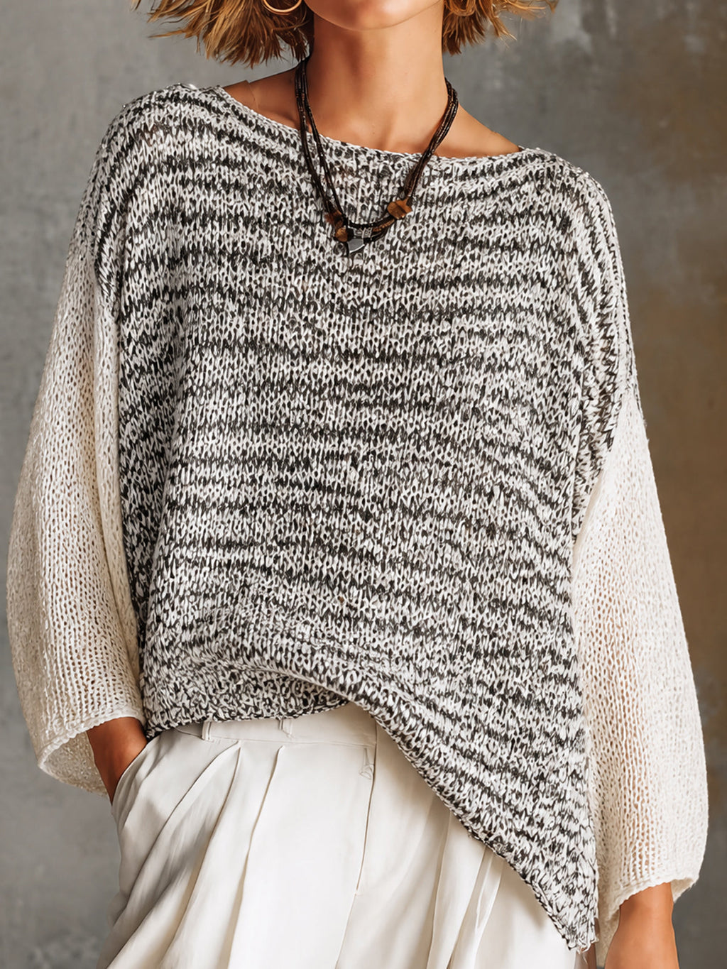 Chic White-Black Marled Boat Neck Three-Quarter Sleeve Irregular Hem Loose Knit Sweater Top