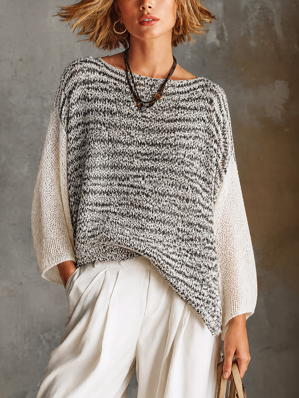Chic White-Black Marled Boat Neck Three-Quarter Sleeve Irregular Hem Loose Knit Sweater Top