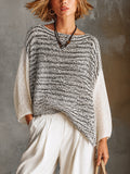 Chic White-Black Marled Boat Neck Three-Quarter Sleeve Irregular Hem Loose Knit Sweater Top