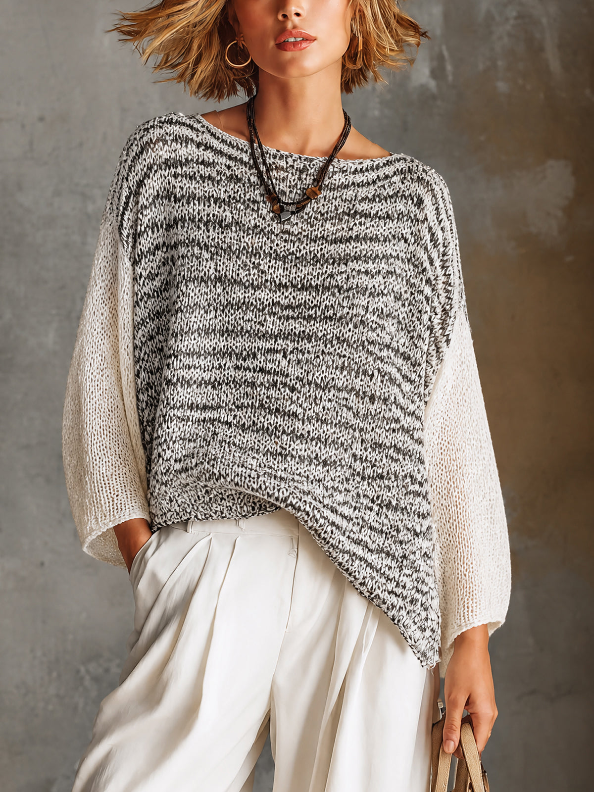 Chic White-Black Marled Boat Neck Three-Quarter Sleeve Irregular Hem Loose Knit Sweater Top