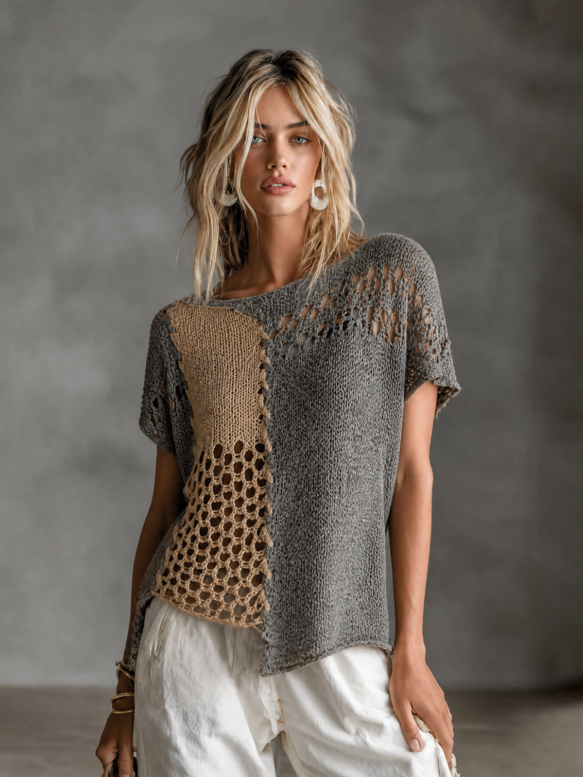 Chic Grey-Camel Colorblock Boat Neck Short Sleeve Asymmetric Hem Patchwork Loose Hollow Knit Sweater Top
