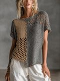 Chic Grey-Camel Colorblock Boat Neck Short Sleeve Asymmetric Hem Patchwork Loose Hollow Knit Sweater Top