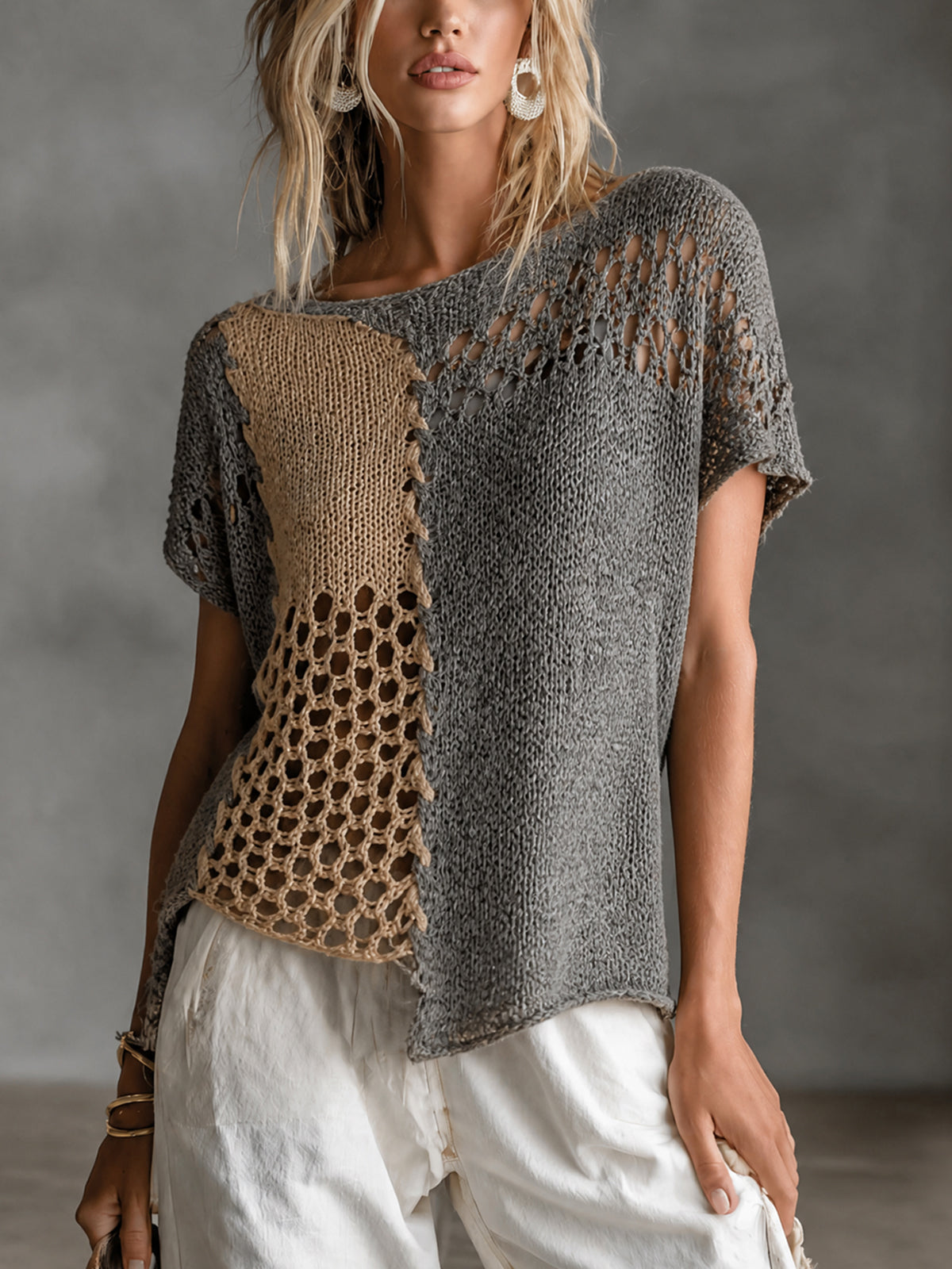 Chic Grey-Camel Colorblock Boat Neck Short Sleeve Asymmetric Hem Patchwork Loose Hollow Knit Sweater Top