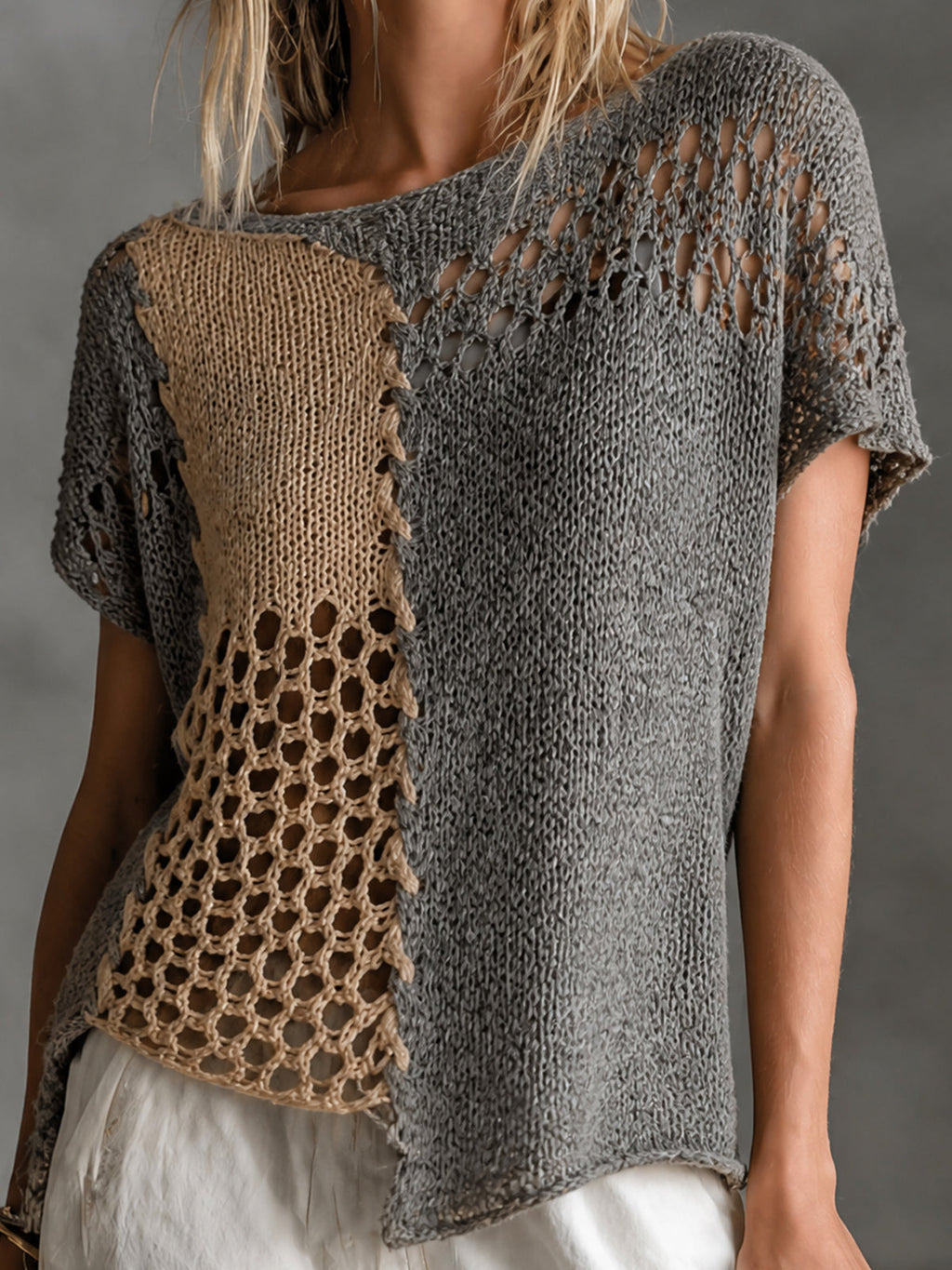 Chic Grey-Camel Colorblock Boat Neck Short Sleeve Asymmetric Hem Patchwork Loose Hollow Knit Sweater Top