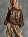 Chic Casual Brown Asymmetrical Cold Shoulder Leopard Letter Print Long Sleeve Loose-Fit French Terry Sweatshirt