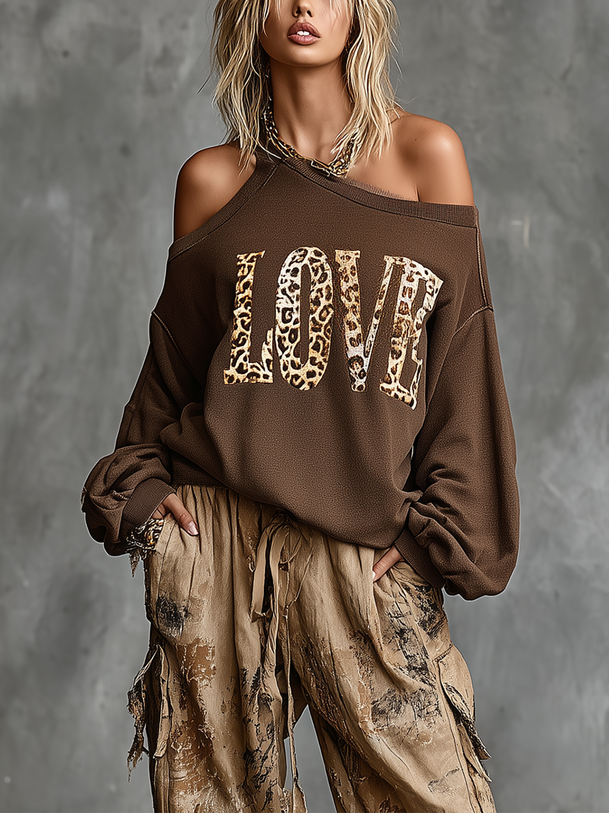 Chic Casual Brown Asymmetrical Cold Shoulder Leopard Letter Print Long Sleeve Loose-Fit French Terry Sweatshirt