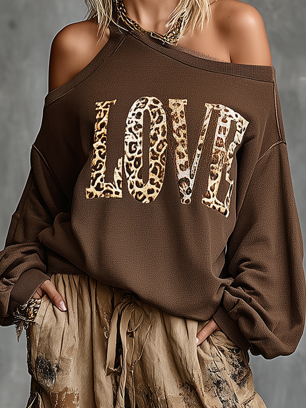 Chic Casual Brown Asymmetrical Cold Shoulder Leopard Letter Print Long Sleeve Loose-Fit French Terry Sweatshirt