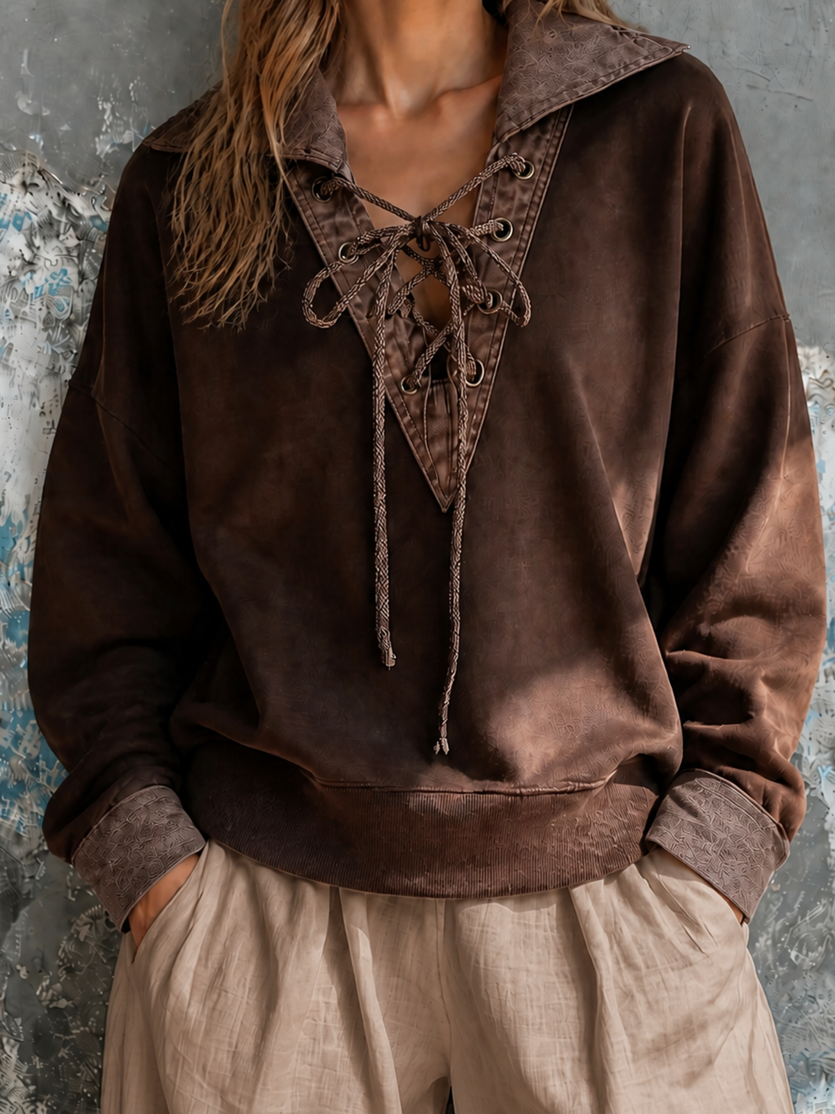 Chic Casual Brown Lapel Collar Eyelet Lace-Up V Neck Long Sleeve Loose-Fit French Terry Sweatshirt
