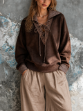 Chic Casual Brown Lapel Collar Eyelet Lace-Up V Neck Long Sleeve Loose-Fit French Terry Sweatshirt