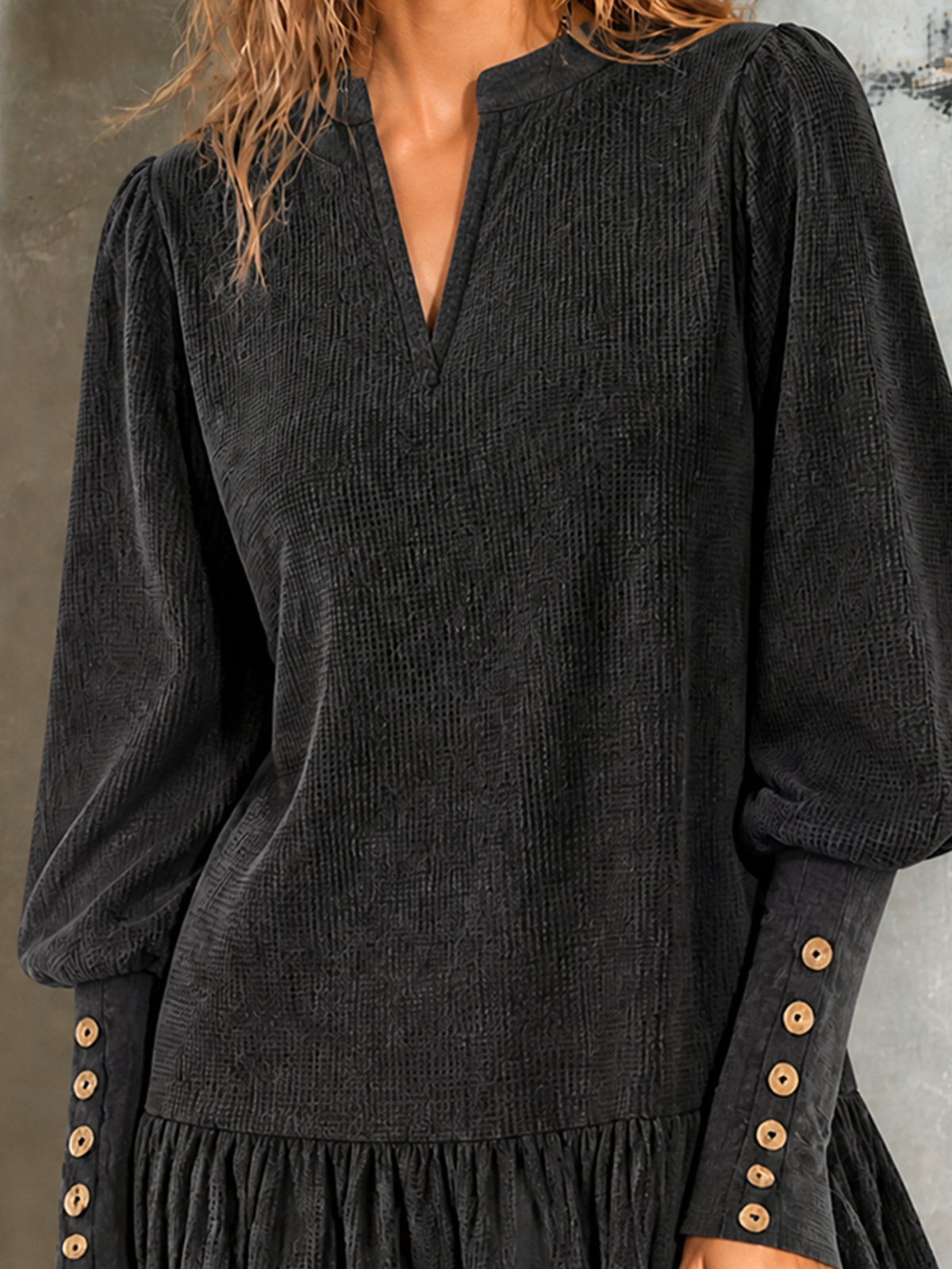 Chic Casual Black V Neck Bubble Long Sleeve Wooden Button Cuff Ruffle Hem Textured Loose-Fit Mini Dress