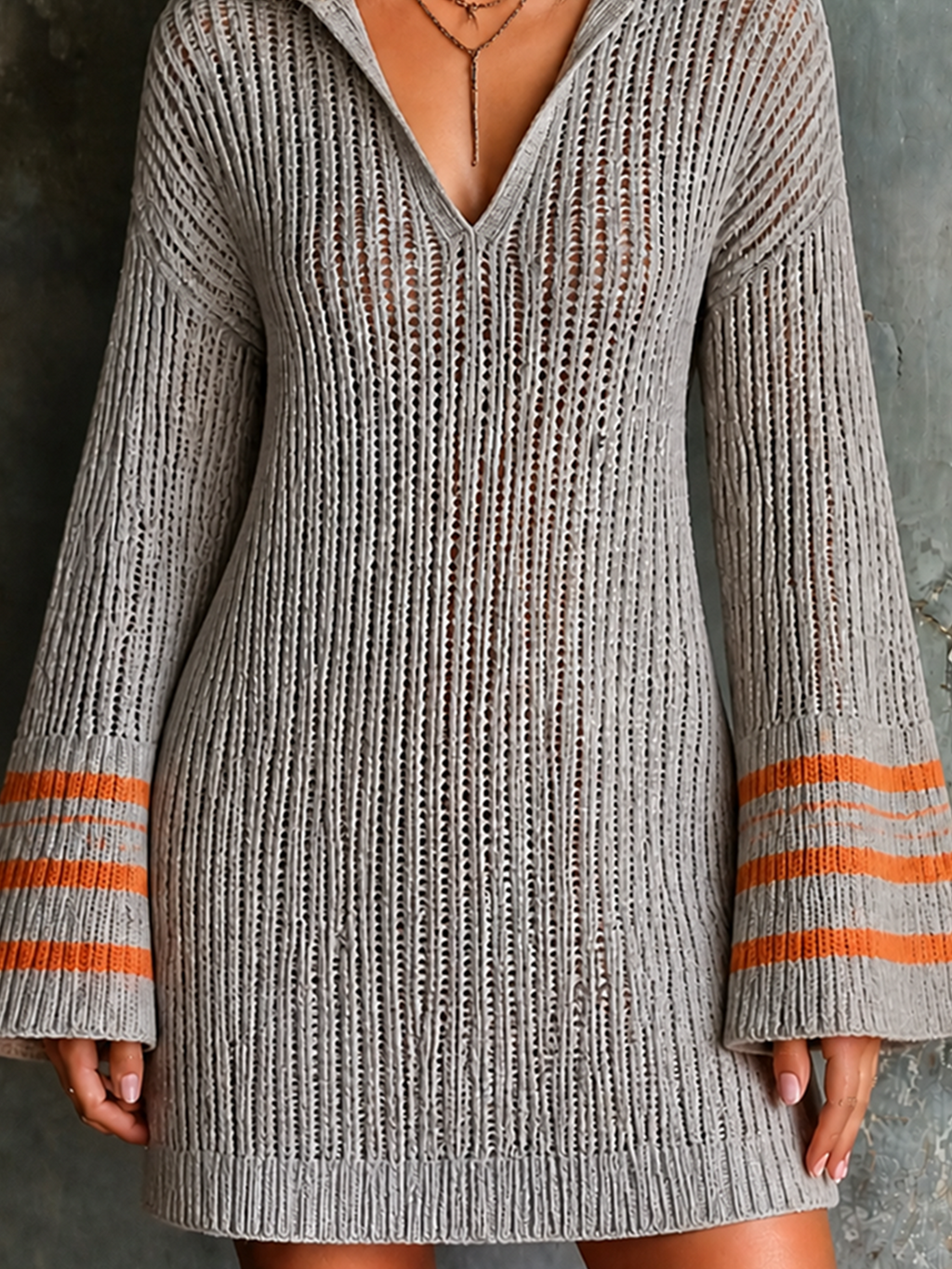 Chic Casual Light Gray Lapel Colla V Neck Contrast Stripe Bell Sleeve Loose-Fit Knit Mini Dress
