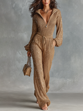 Chic Elegant Camel Stand Collar Half Zip Sequin Long Sleeve Elastic-Waist Loose-Fit Knit Jumpsuit