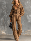 Chic Elegant Camel V Neck Button Front Long Sleeve Elastic-Waist Loose-Fit Cable Knit Jumpsuit