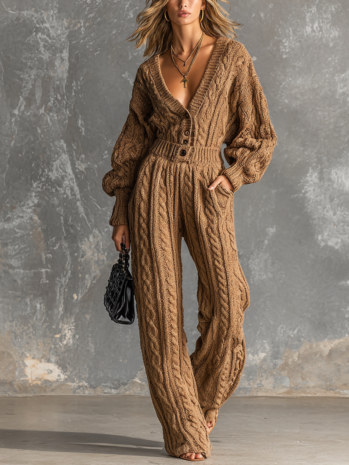 Chic Elegant Camel V Neck Button Front Long Sleeve Elastic-Waist Loose-Fit Cable Knit Jumpsuit